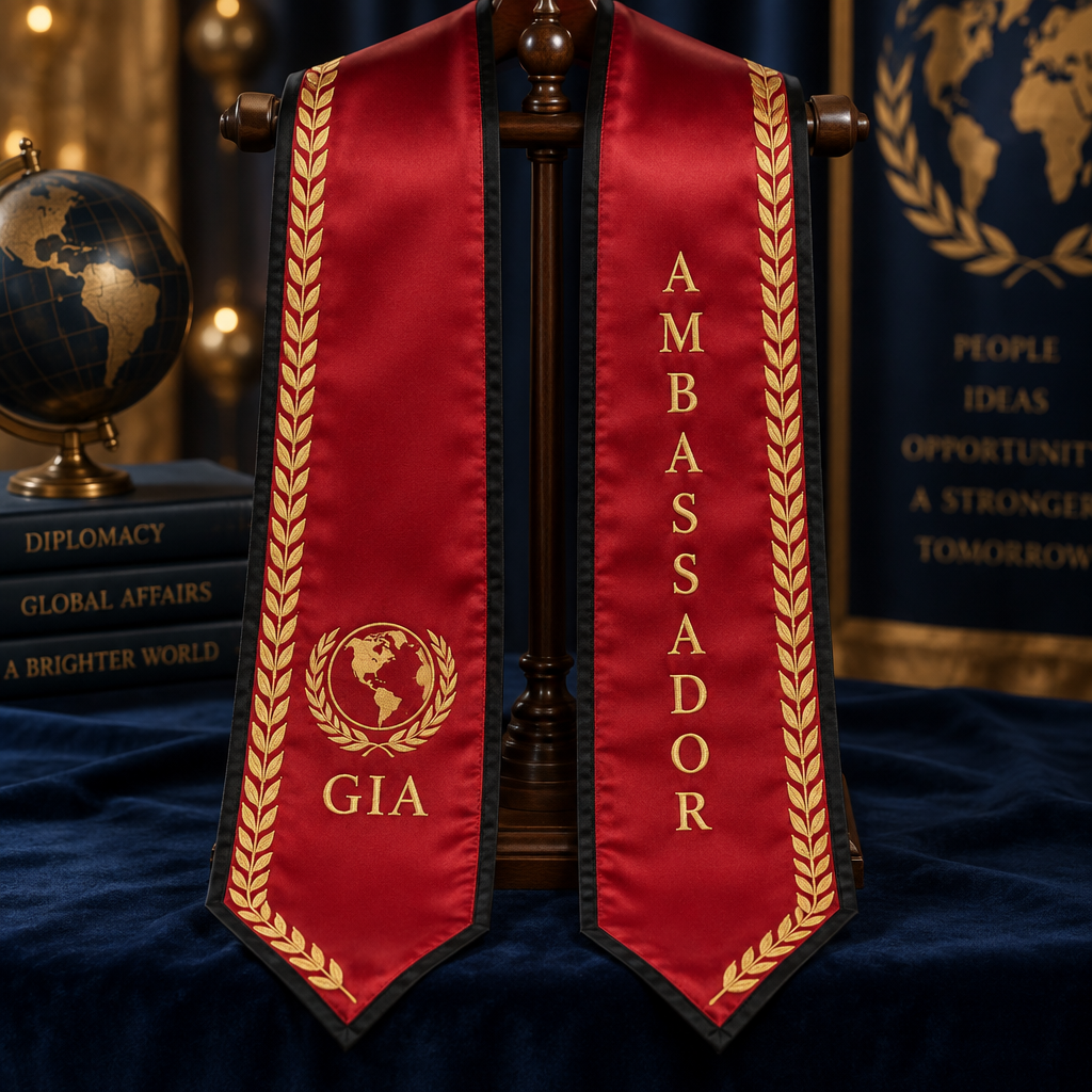 Crimson red ceremonial stole with gold laurel borders, a GIA globe emblem, and AMBASSADOR lettering