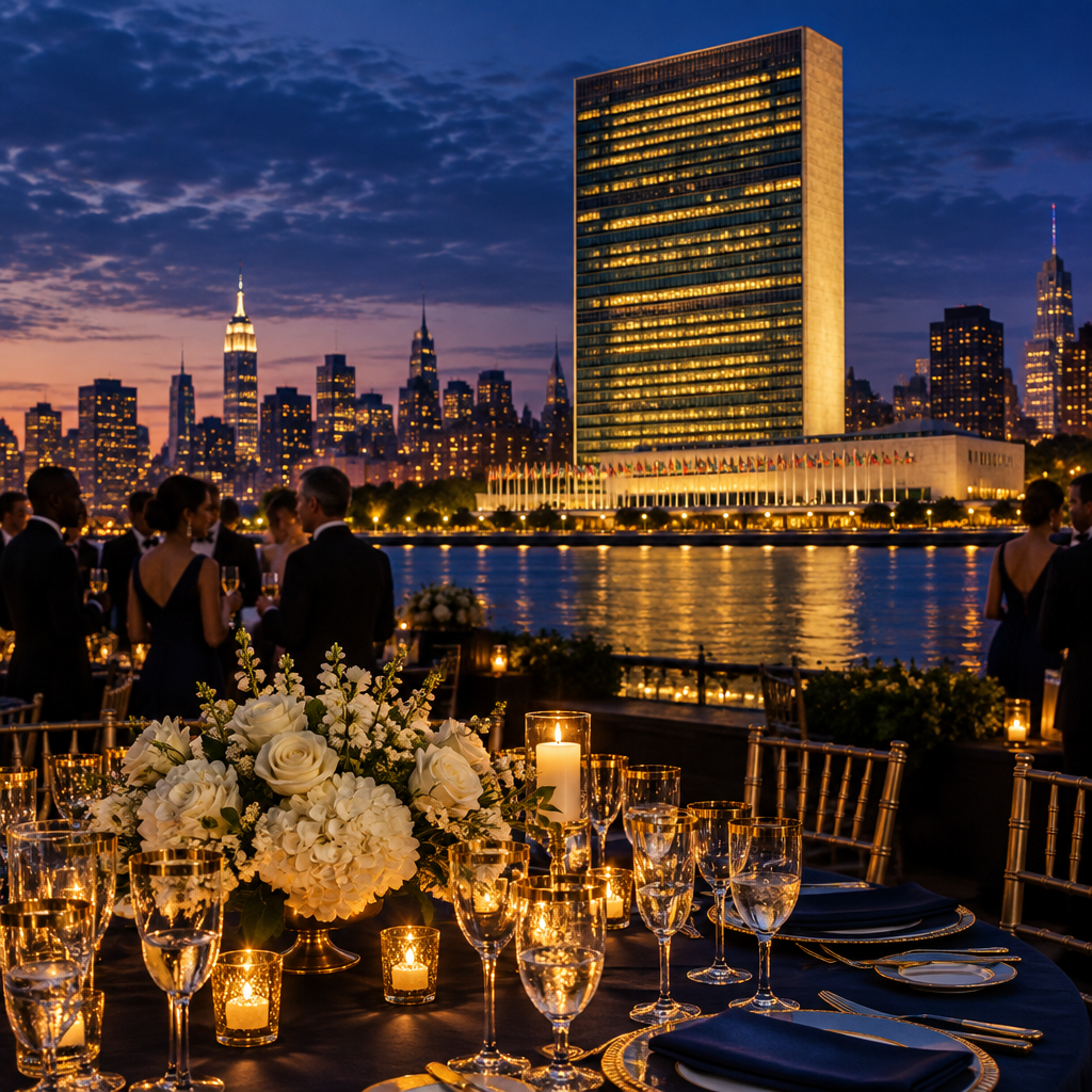 Evening celebration table with the United Nations building in New York City